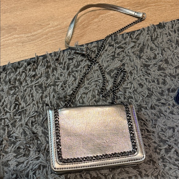 Zara Handbags - Zara Metallic Silver Crossbody Bag with Chain Detail